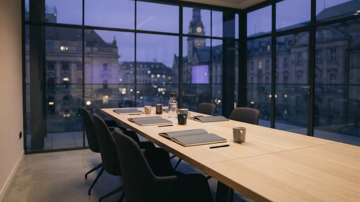 A focused room for content ideas Modern meeting room with blank notebooks and glass walls overlooking quiet city architecture